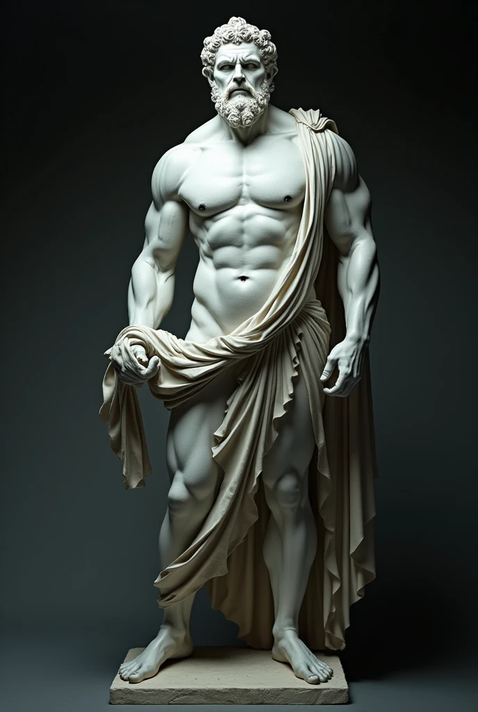 a realistic greek white marble statue, stoic, brawny, brave and scary, detailed wearing a ghostly toga, neutral background, temperamental, , photorrealistic, Horror Movie Dinner, super detailed, hyper realist, darkness background,, serious face, powerful background, dark surroundings, smart guy up close, dealing with anger, face close