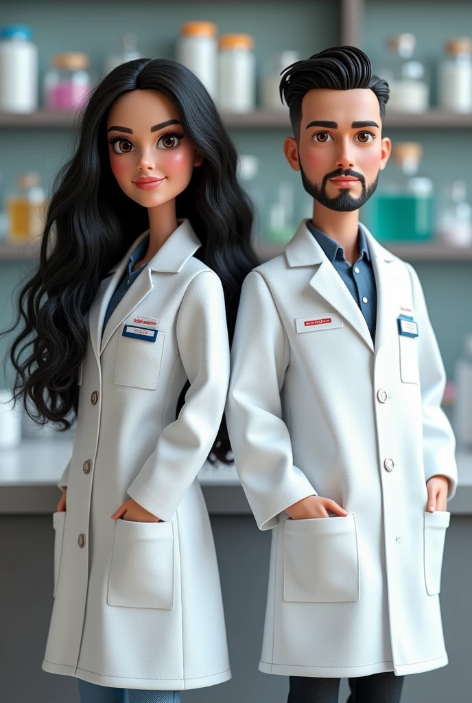 create two dolls with lab coats, pharmacy theme, the female with black curly hair and the male with short hair and a goatee 