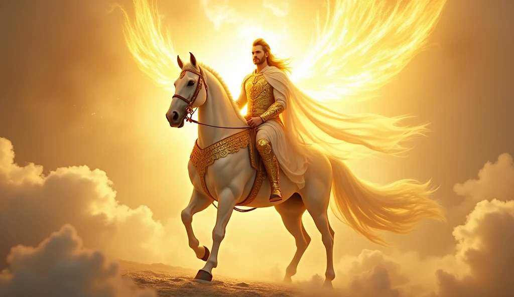 A warrior god with a radiant golden aura, seated on a majestic white horse, holding a gleaming sword. The warrior is wearing golden armor with intricate designs, flowing robes, and a serene expression on his face. The background is filled with bright light and clouds, giving a heavenly appearance, and the ground beneath the horse seems to shimmer with divine energy.