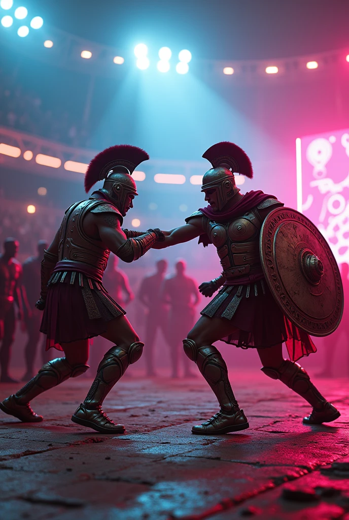 A cinematic shot of ancient Roman gladiators in a neon-lit cyberpunk arena, with a holographic crowd cheering in the background. The gladiators wear steampunk-inspired armor. The arena has a vibrant color palette and is hyper-detailed. The lighting is cinematic. The image has an 8K resolution.