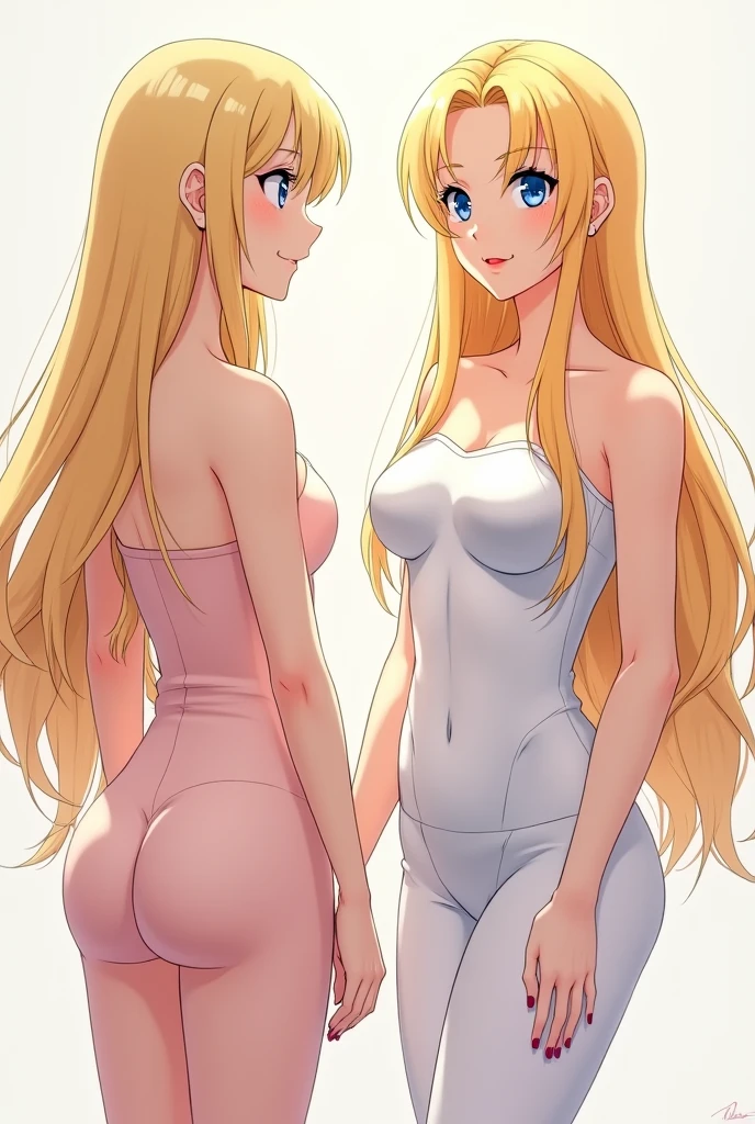 perfect anime illustration, young teenagers, medium breasts, 2girls, (1 blonde girl, 1 brown haired girl), twin sisters, rich girls, brown hair, blonde hair, curly hair, long hair, different hair colors, hazel eyes, smiling, white skin, ((naked)), highres, bedroom, full body