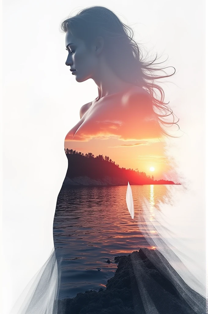 high quality, 8K Ultra HD, A beautiful double exposure that combines an goddess silhouette with sunset coast, sunset coast should serve as the underlying backdrop, with its details incorporated into the goddess , crisp lines, The background is monochrome, sharp focus, double exposure, by yukisakura, awesome full color,