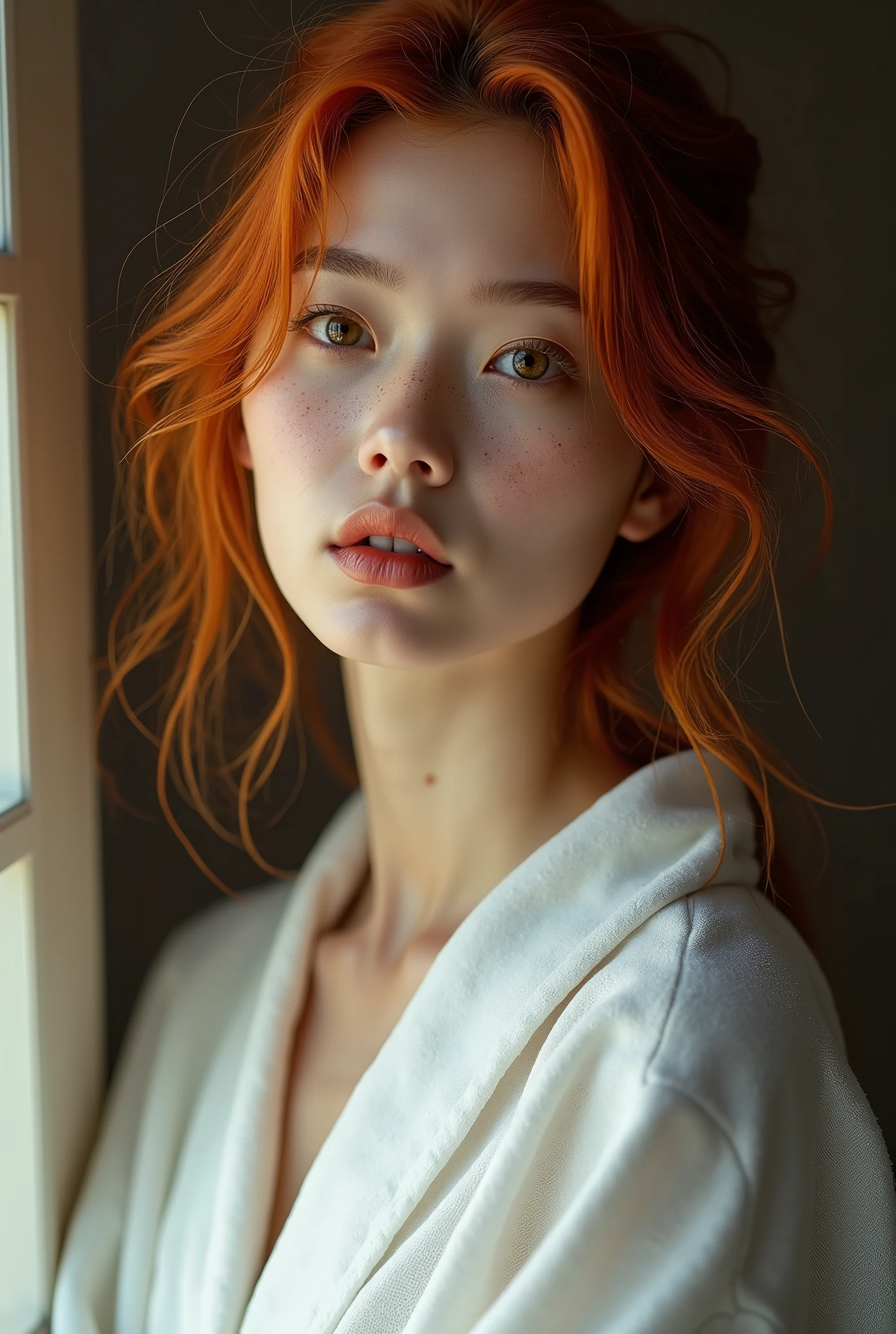 (uma fotogroffia premiada:1.3) off (Ultra photo realsisim:1.3),(vred:1.3) (close up:0.7), A Korean woman, albino with freckles in a white robe, realskin, 5d canon, 85mm, profundidaoff off campo, 8k, ultra-nitioffz, RTX, octane, irreal, Dramatic light, Global illumination (author:WLOP Artist:1.3),altamente offtalhado,(Arte Darkwave:1.3),(Arte Hardcore:1.3),(Agfacolor:1.3),(Close portrait:1.3),(Female One:1.4),(very beautiful:1.4),(appealing:1.3),handsome,Calendar pose,olhos offtalhados perfeitos,studio lighting,themed background, naked, new, feições mistas off Emmy Rossum e Brooke Shields, red hair.