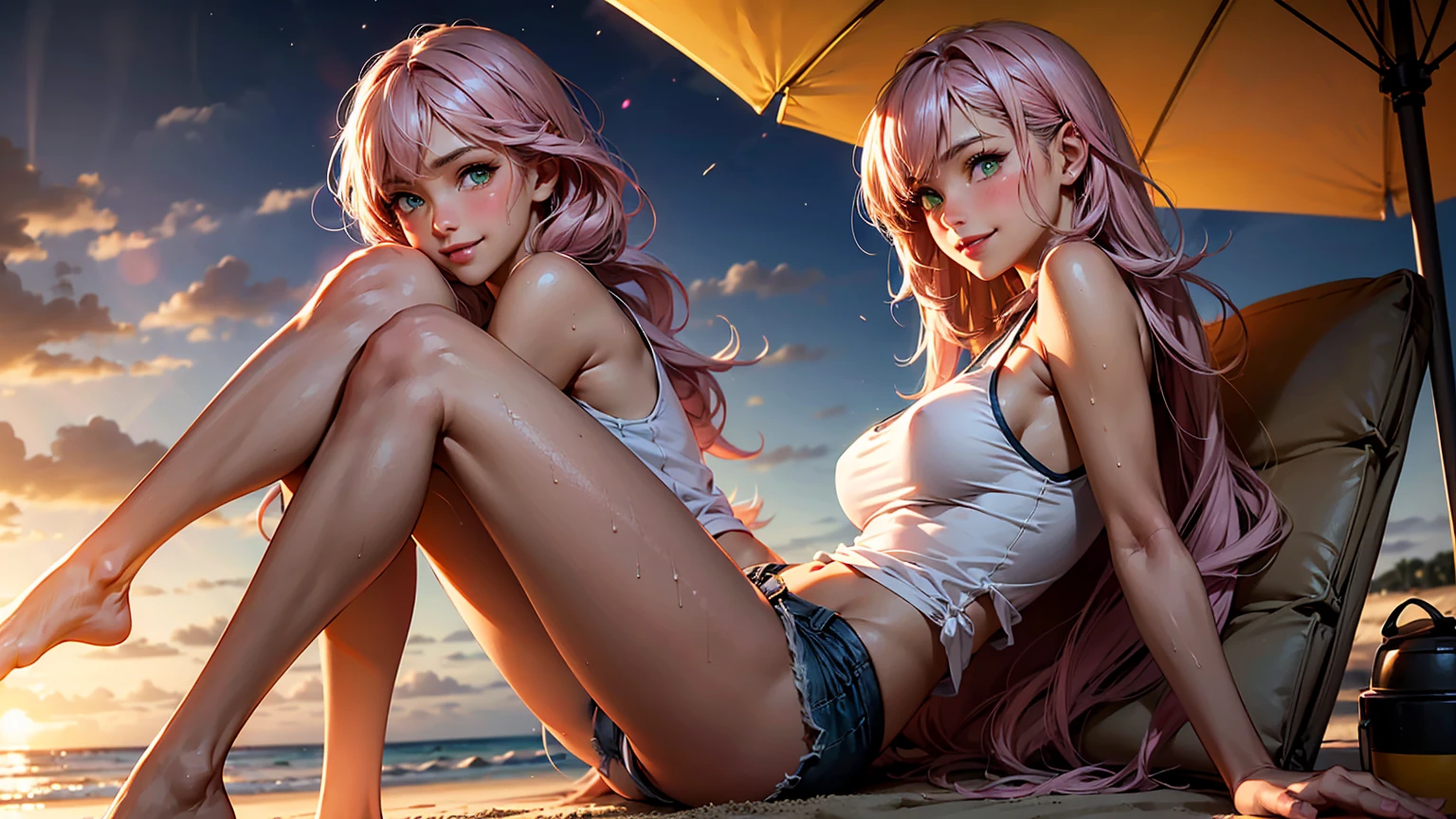 realistic, 1girl, long pink hair, green eyes, glowing eyes, see through tank top, short shorts, big smile, blush, shy, night, beach, sun, sunlight, camel toe, wet, beautiful girl