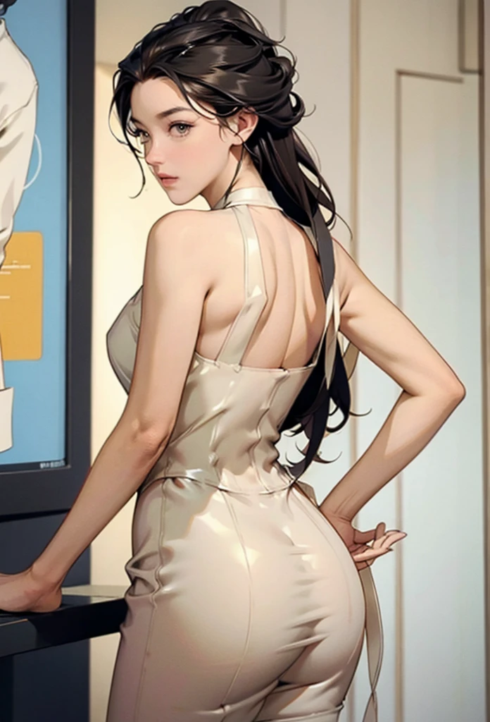 perfect eyes:1.2, detailed eyes:1.4, m0n1c4b-v2, xyzsam, very long hair, no blunt, hair pulled back, forehead, black hair, brown eyes, from behind, ass, looking back, restaurant, dr3ss, white dress, bare shoulders, latex, breasts, medium full shot, thigh-level shot, 1girl, solo, (masterpiece:1.6, best quality),