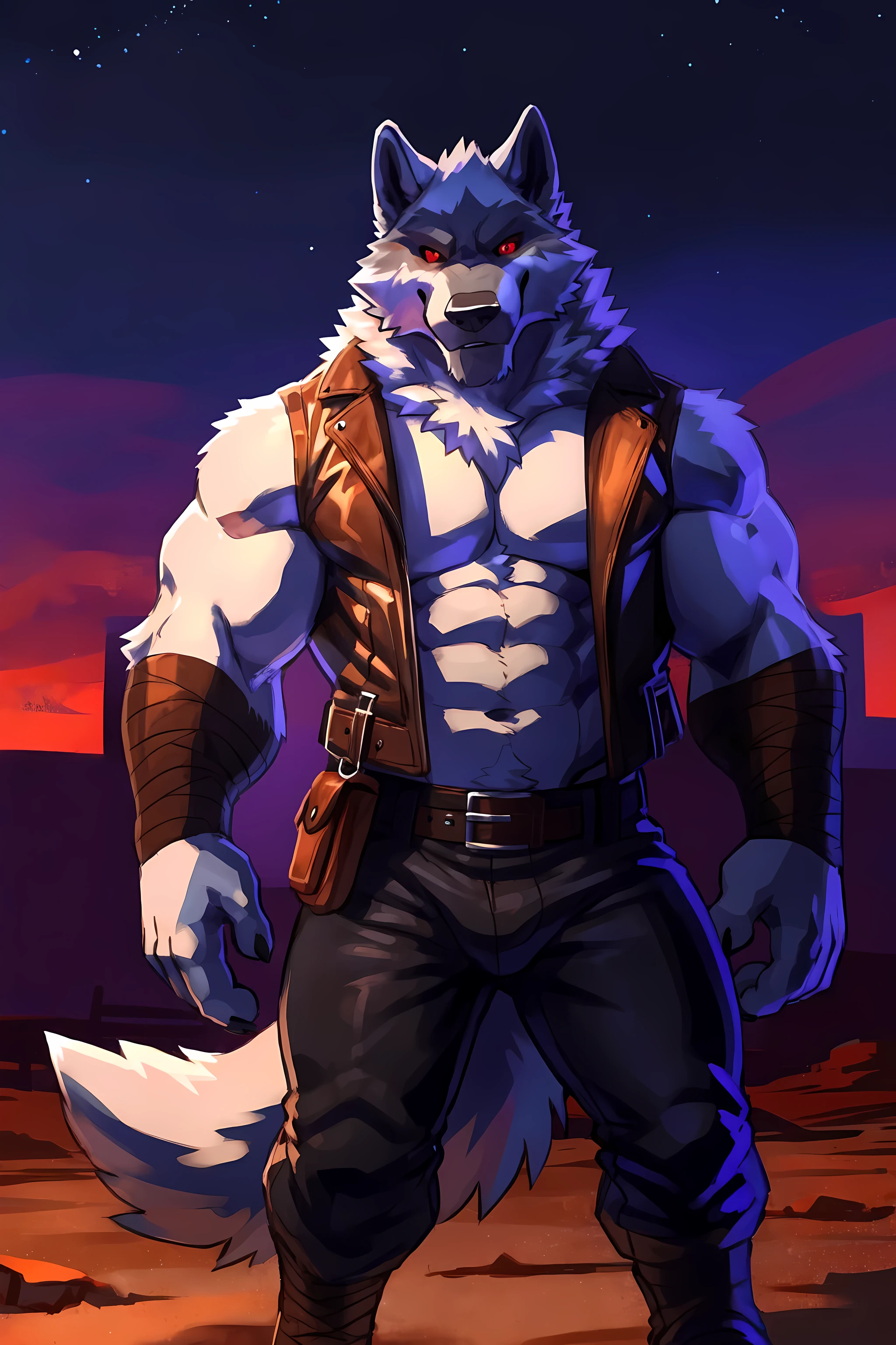 death (puss in boots), front view, facing camera, muscular chest, detailed fur, correct lighting, correct shadows, night:1.2, outdoors, wasteland, by seibear, by rossciaco, wolf tail, correct proportions, correct anatomy, correct muscles, leather vest:1.1, leather pants:1.1, belt buckle:1.1, detailed belt buckle, detailed belt, red eyes, (strong shadows, dramatic shadows, dark, darkness, dim):1.2,