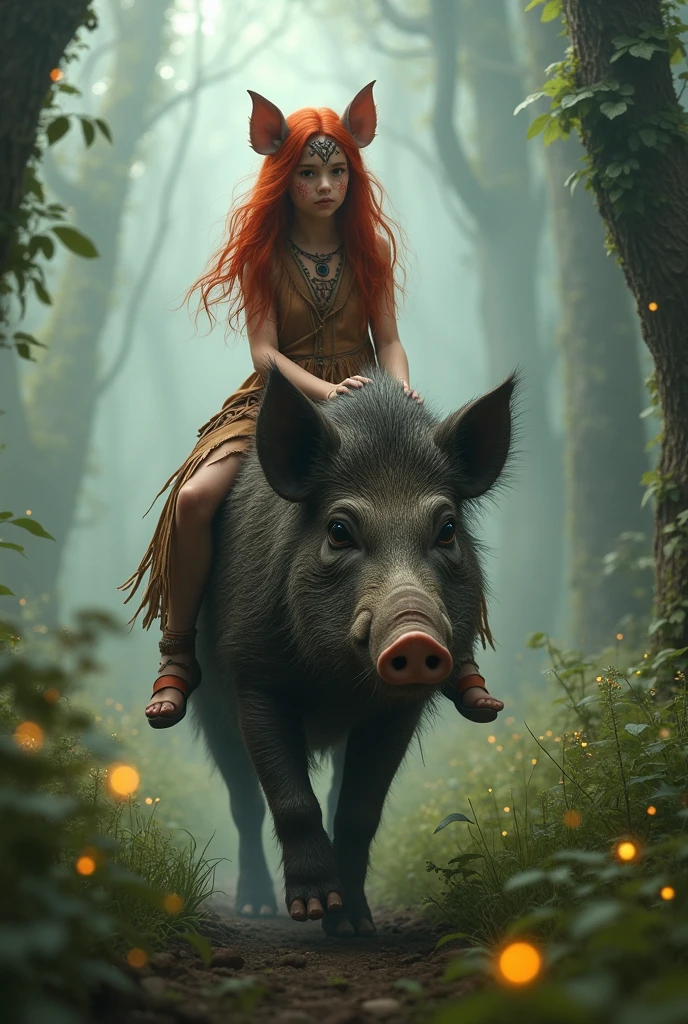 a red haired girl, dressed as an Indian, pointy ears and riding a Brazilian wild pig wandering through a misty enchanted forest with light grass and fireflies