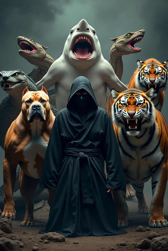 a photo of a written group "belts".
with a Pitbull, a snake, A dragon, A white shark, a tiger and a black ninja