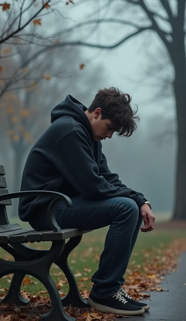 "A boy of 18 sitting alone on a park bench during a cloudy, overcast day. He has a somber expression, with his head slightly bowed and his hands in his pockets. His hair is messy, and he is wearing a dark hoodie and jeans. The background is filled with bare trees and fallen leaves, emphasizing the melancholic atmosphere. The overall tone of the image is muted and grey, capturing a sense of sadness and solitude."