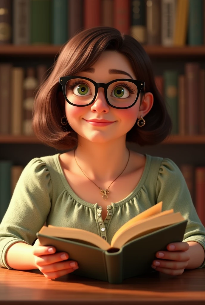 a plump woman with large glasses and green eyes , brown bob that looks a bit cheeky and happy. She loves books, Wine and good music.  In Pixar style