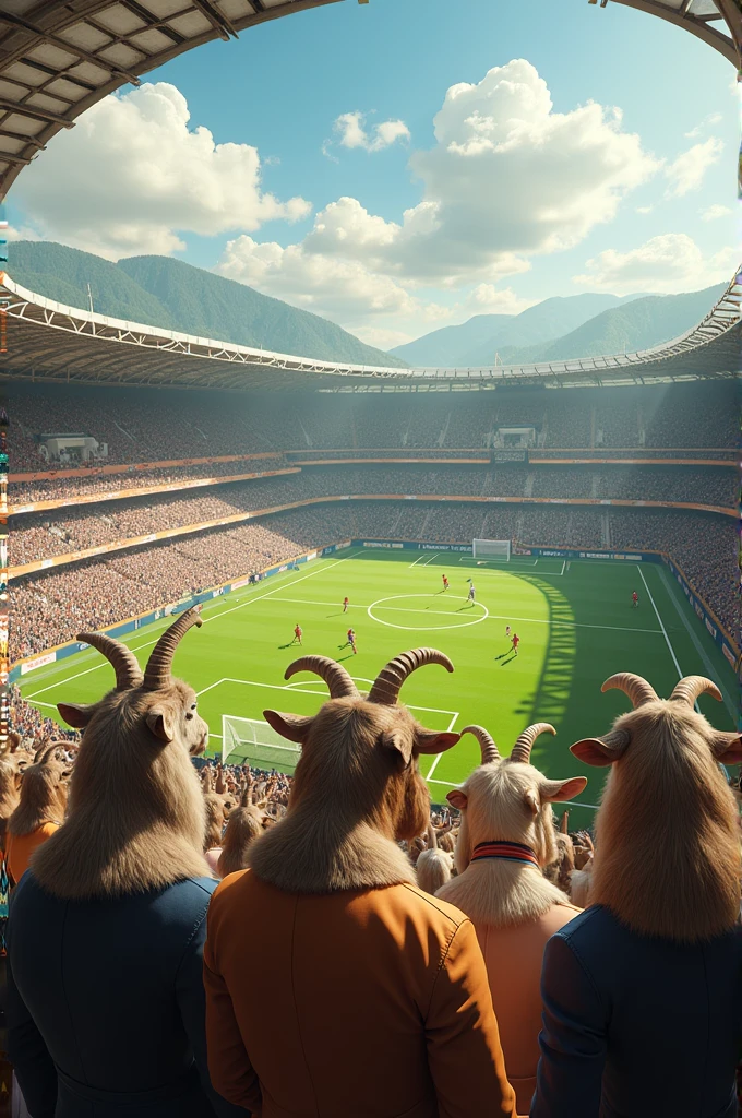 Vue panoramique du village avec des chèvres élégamment habillées dans un stade de football qui regarde des chèvre qui joue au football.