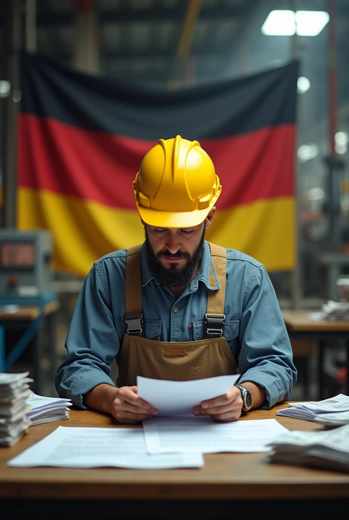The electrical engineer in the factory is sitting behind the table in work clothes and a helmet, he is seriously working, he is looking down at the paper and the stack of bills, the German flag is behind him, he is looking down at the table.