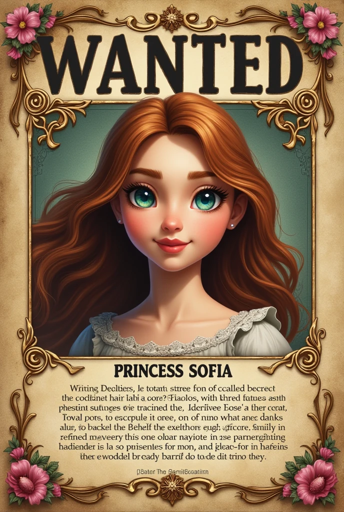 A wanted poster for a Princess Sofia but without a photo, Let the poster describe it but with nice things, other