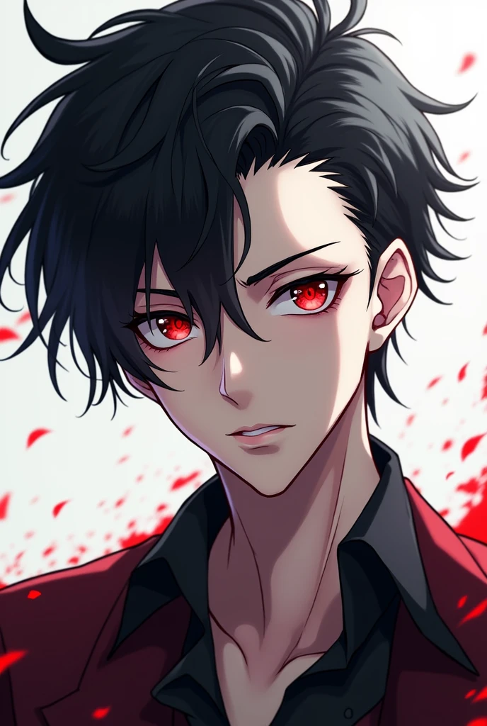 A guy with black and white hair and red eyes. anime style.