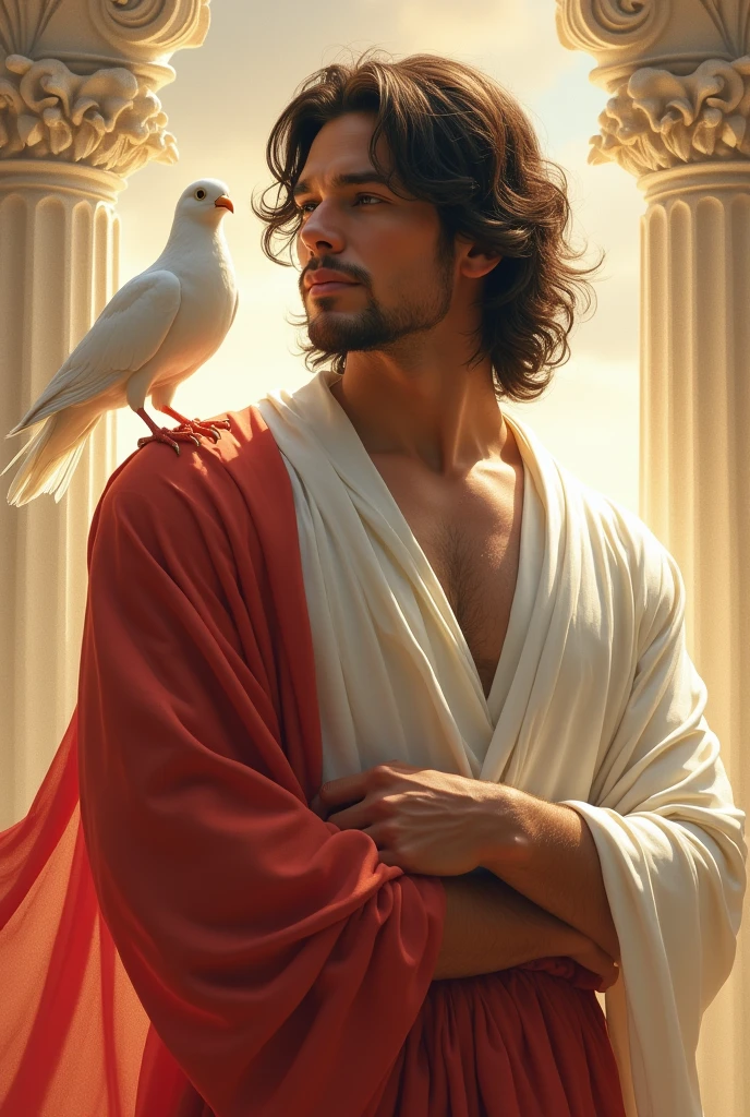 To the artist and singer Chayanne with a white and red tunic, I want him to have a white dove on his shoulder, and that Chayanne has a divine aura