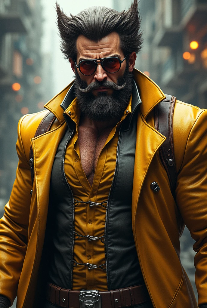 He is immortal, has Wolverine's outfit, has Iron Man's mustache, beard and Iron Man's glasses.