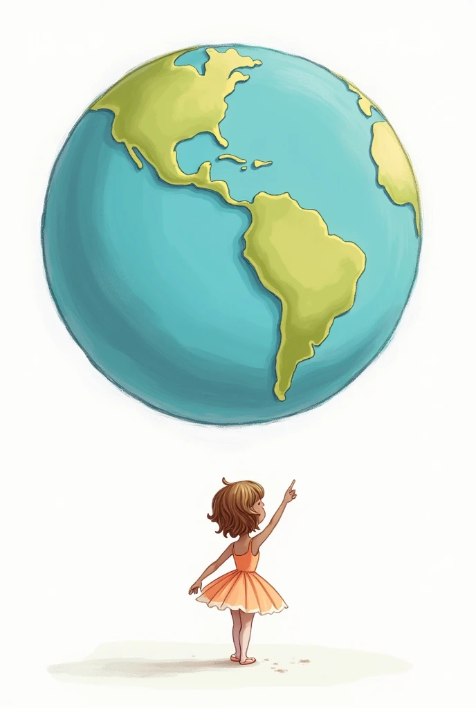 a ballerina pointing to Europe on planet Earth bigger than her big and beautiful and she stands below with her back turned, the most beautiful and biggest planet than her, on the other side the planet is on a white background, the ballerina has short brown hair that tends towards blonde and has slightly darker skin, I want it to look like a drawing, a cute and cute child's drawing, more drawn