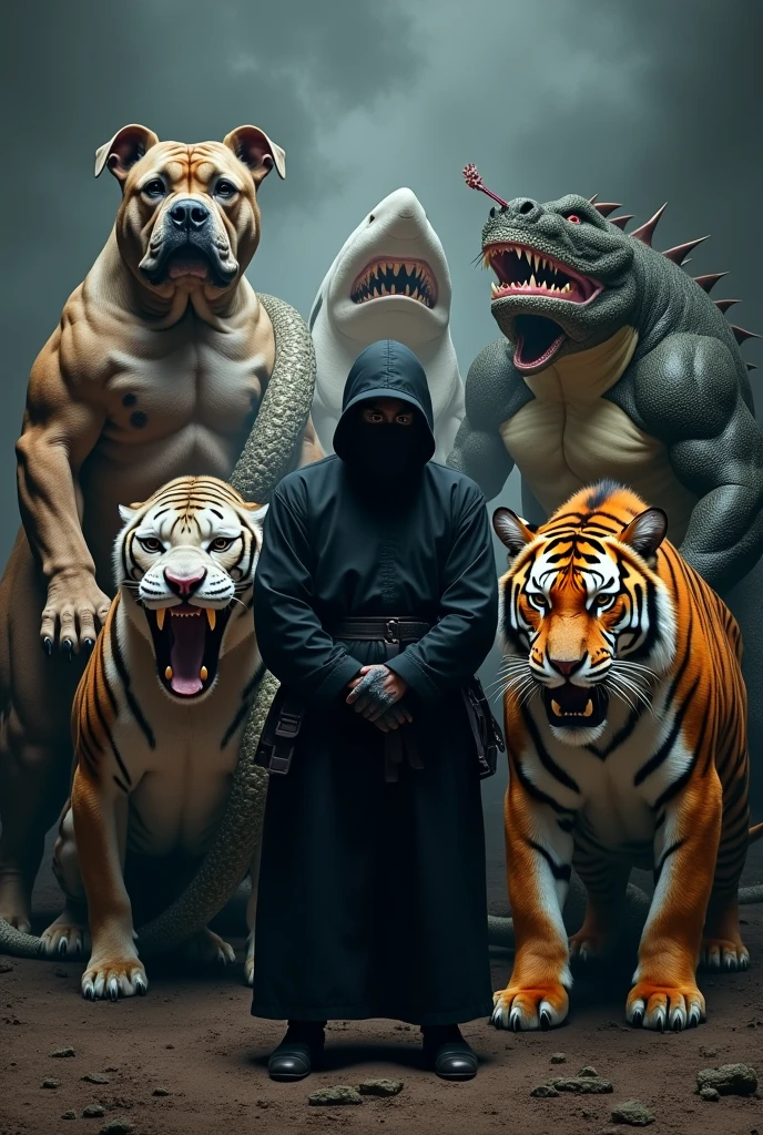 a photo of a written group "belts".
with a Pitbull, a snake, A dragon, A white shark, a tiger and a black ninja