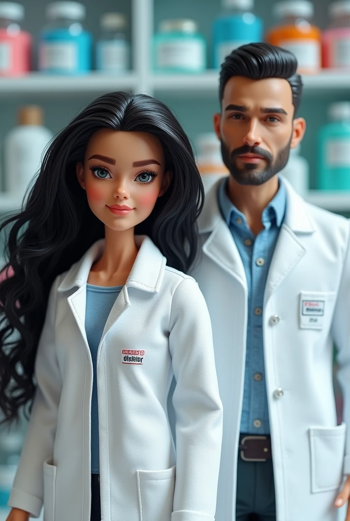 create two dolls with lab coats, pharmacy theme, the female with black curly hair and the male with short hair and a goatee