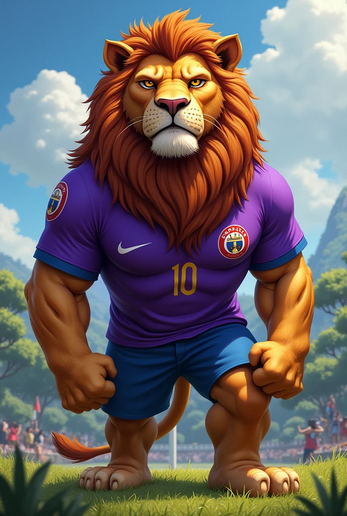 the lion; mascot of the Alajuelense sports league, Costa Rican football team, wearing a purple shirt of the Costa Rican sports team Saprissa 