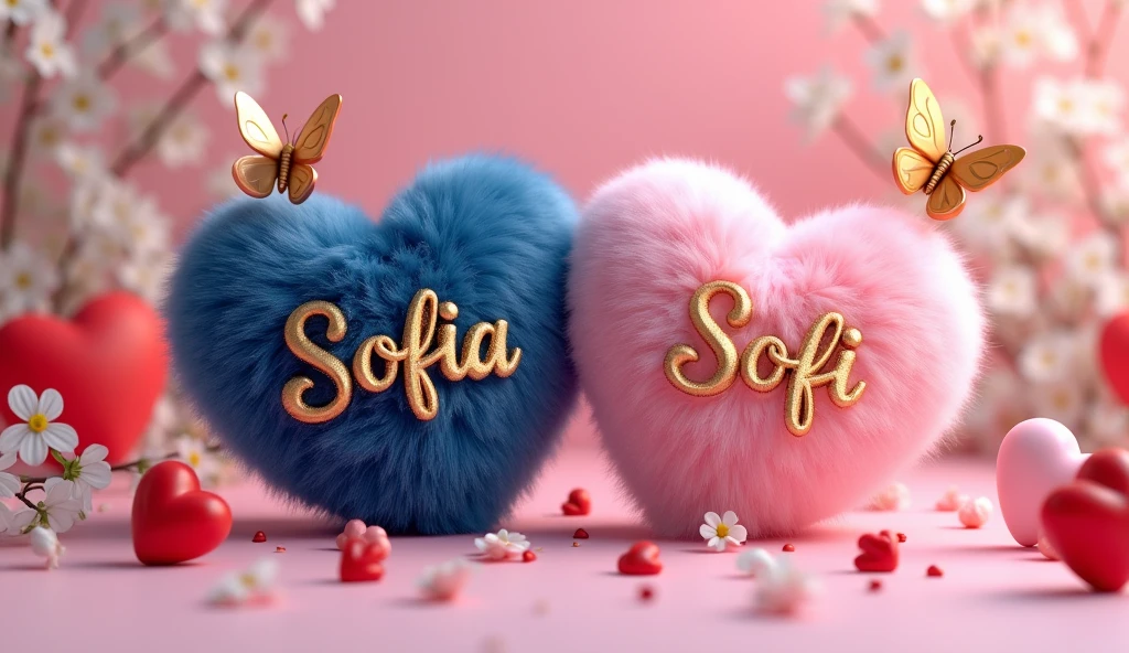 A captivating 3D render illustration captures a romantic and heartwarming scene, where two fluffy, heart-shaped objects take center stage. The deep blue heart bears the name Sofia' in elegant, golden cursive, while the pristine dark pink heart showcases the name "Sofi" in a similar golden script. Surrounding these hearts, butterflies and an assortment of smaller red and white hearts create an atmosphere of love and celebration. Delicate white flowers and a soft pink bac