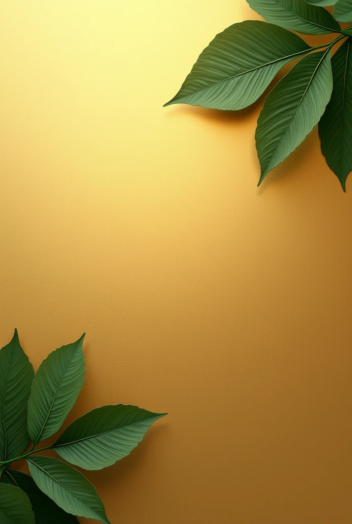 "Design a sophisticated background with a subtle, textured golden surface that reflects luxury. Place natural green leaves in the upper left corner and again in the bottom right corner. The lighting should be gentle, bringing out the realism and rich details in the leaves in small in size  




