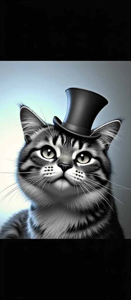 Thick-necked striped cat with top hat. in black and white