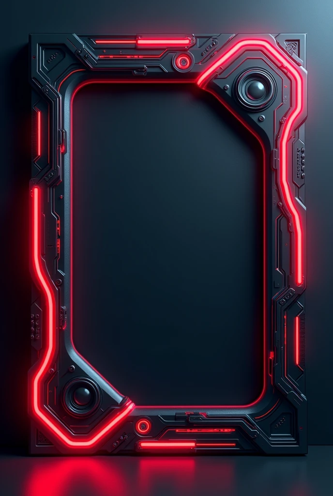 Create a decorative frame inspired by the handle of a futuristic katana. The frame should have elegant, flowing lines, with details such as geometric patterns and integrated light circuits. Use dark colors like black and metallic gray, with accents of red or neon blue to give the impression of advanced technology. The design should evoke a feeling of power and precision, while adopting a Western cartoon style, with clean lines and a dynamic aesthetic.

