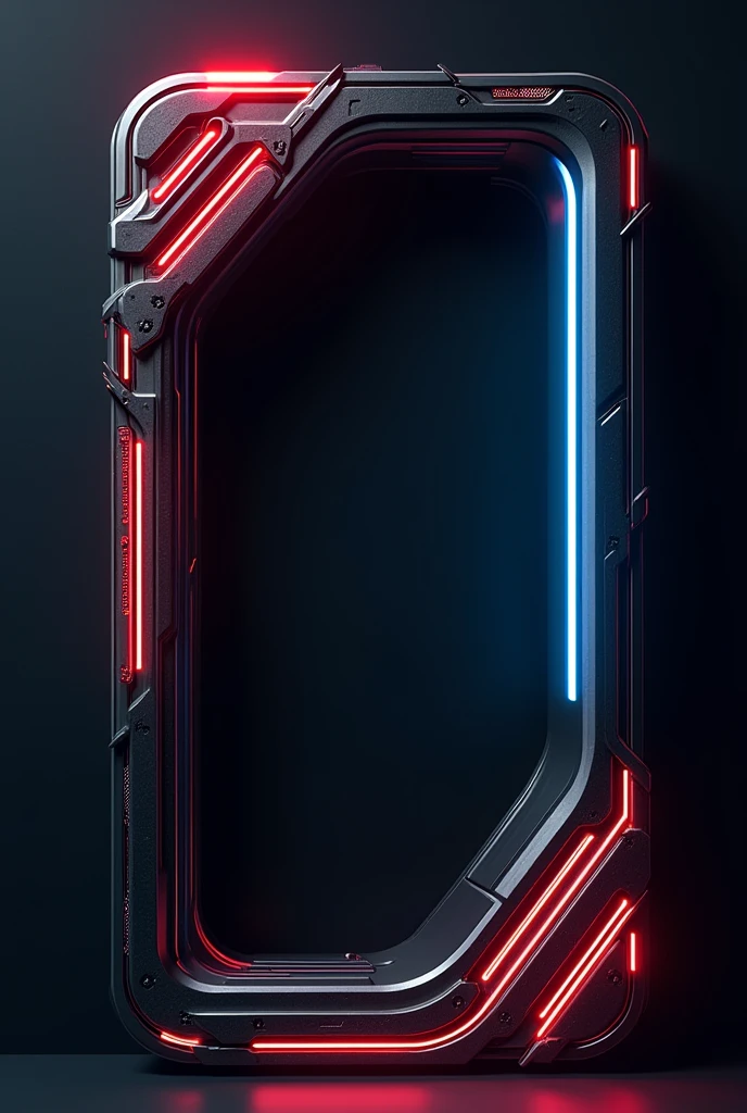 Create a decorative frame inspired by the handle of a futuristic katana. The frame should have elegant, flowing lines, with details such as geometric patterns and integrated light circuits. Use dark colors like black and metallic gray, with accents of red or neon blue to give the impression of advanced technology. The design should evoke a feeling of power and precision, while adopting a Western cartoon style, with clean lines and a dynamic aesthetic.