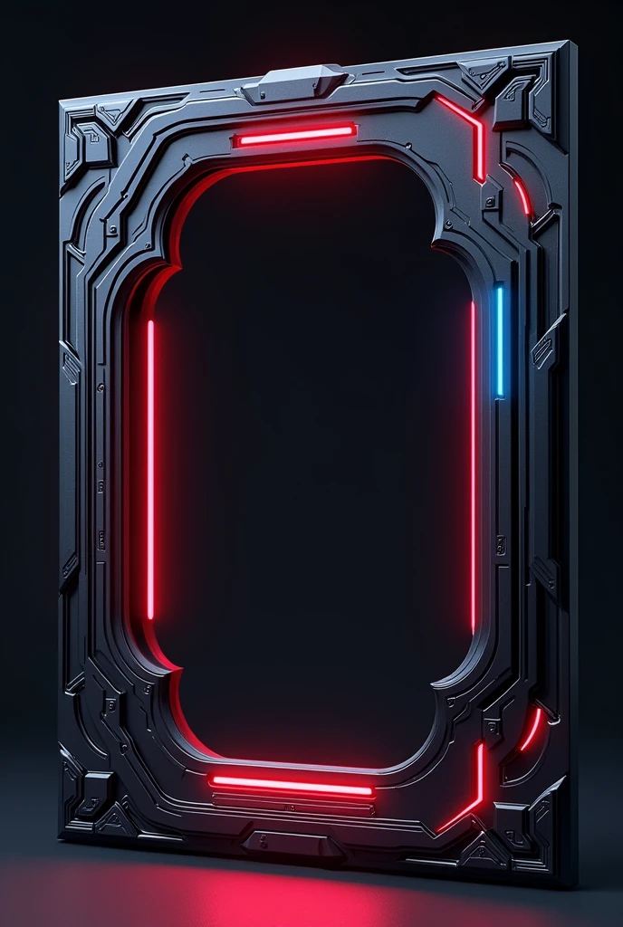 Create a decorative frame inspired by the handle of a futuristic katana. The frame should have elegant, flowing lines, with details such as geometric patterns and integrated light circuits. Use dark colors like black and metallic gray, with accents of red or neon blue to give the impression of advanced technology. The design should evoke a feeling of power and precision, while adopting a Western cartoon style, with clean lines and a dynamic aesthetic.

