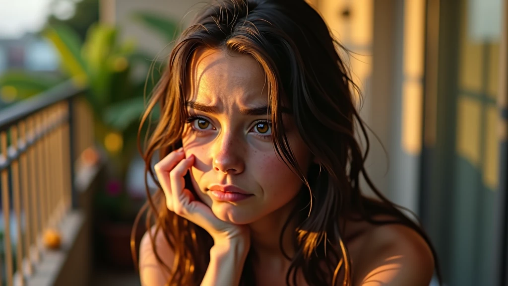 Ultra-realistic portrait of a teenage girl, with brown hair and expressive eyes that reflect worry and hesitation. Her face shows signs of introspection. She is wearing a casual T-shirt. The portrait should be from the waist up.
The teenager girl is sitting on a balcony, with elements such as plants and a chair in the background, but blurred so as not to distract from the main subject.
The lighting should be soft and natural, with late afternoon light coming from one side, creating subtle shadows that accentuate the teenager's introspective expression. The light should highlight the eyes and the texture of the skin, emphasizing the seriousness of the situation.
The image should convey a sense of introspection and concern, with a touch of vulnerability. Suggest a warm color palette, such as golds and oranges, to complement the late afternoon atmosphere.
The photo should be of high quality, with 8k rendering and extreme detail, capturing the emotional essence of the moment.