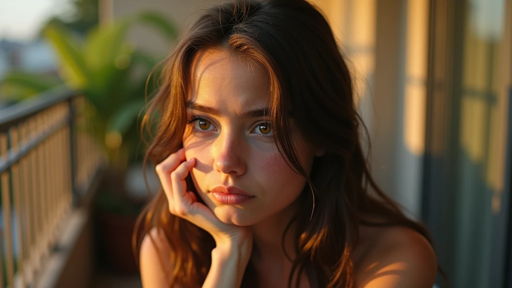 Ultra-realistic portrait of a teenage girl, with brown hair and expressive eyes that reflect worry and hesitation. Her face shows signs of introspection. She is wearing a casual T-shirt. The portrait should be from the waist up.

The teenager girl is sitting on a balcony, with elements such as plants and a chair in the background, but blurred so as not to distract from the main subject.

The lighting should be soft and natural, with late afternoon light coming from one side, creating subtle shadows that accentuate the teenager's introspective expression. The light should highlight the eyes and the texture of the skin, emphasizing the seriousness of the situation.

The image should convey a sense of introspection and concern, with a touch of vulnerability. Suggest a warm color palette, such as golds and oranges, to complement the late afternoon atmosphere.

The photo should be of high quality, with 8k rendering and extreme detail, capturing the emotional essence of the moment.