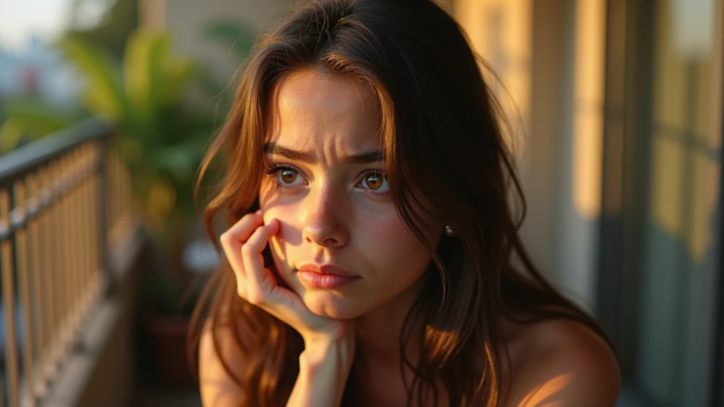 Ultra-realistic portrait of a teenage girl, with brown hair and expressive eyes that reflect worry and hesitation. Her face shows signs of introspection. She is wearing a casual T-shirt. The portrait should be from the waist up.

The teenager girl is sitting on a balcony, with elements such as plants and a chair in the background, but blurred so as not to distract from the main subject.

The lighting should be soft and natural, with late afternoon light coming from one side, creating subtle shadows that accentuate the teenager's introspective expression. The light should highlight the eyes and the texture of the skin, emphasizing the seriousness of the situation.

The image should convey a sense of introspection and concern, with a touch of vulnerability. Suggest a warm color palette, such as golds and oranges, to complement the late afternoon atmosphere.

The photo should be of high quality, with 8k rendering and extreme detail, capturing the emotional essence of the moment.