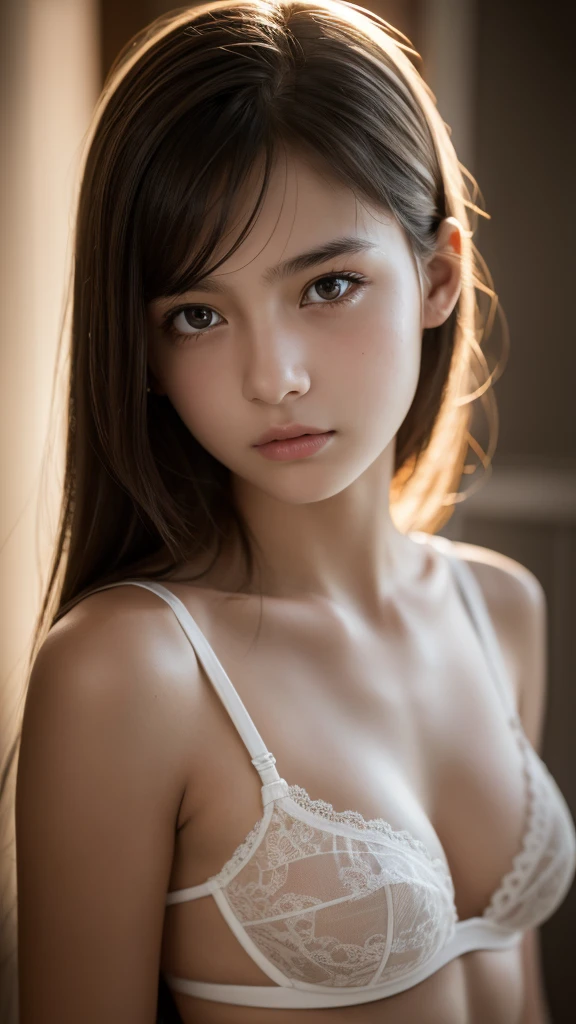 girl, My daughter is now 13 ,half body view, detailed european face, (aspiring facial expression), RAW, ultra detailed photograph, cinematic lighting, 4K, sharp focus, high resolution, detailed skin, detailed eyes,underwear