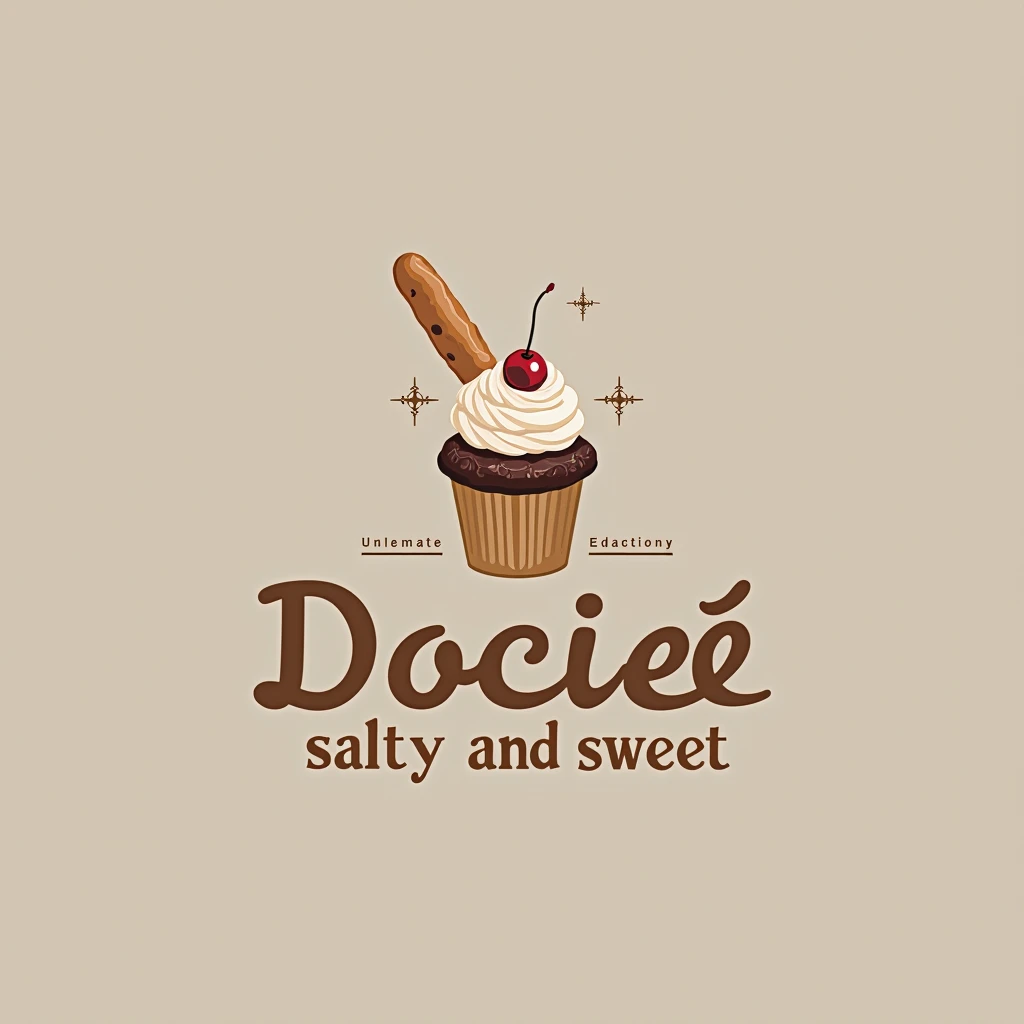 Create a logo for your bakery "Docieê", incorporating the slogan "salty and sweet". Use an elegant and friendly font, with elements such as cupcakes and breads, and a pastel color palette that conveys freshness and sweetness.