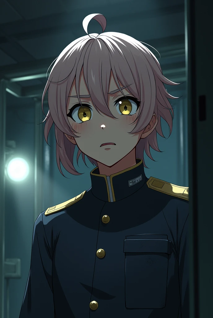 Barotrauma. Style: 2D anime image with high quality. Character: young guy, fair skin, left side of hair light, right side of hair dark pink. Hair wavy and quite long, yellow eyes and wide eyebrows, a bandage on his cheek. Emotion: irritation. Clothing: uniform of a submarine officer from the Barotrauma game universe. Background: Inside a submarine. Details: sloppy appearance, dirty clothes. Angle: far from the character, characters looking over the shoulder. Lighting: only one dim lamp, dim lighting.