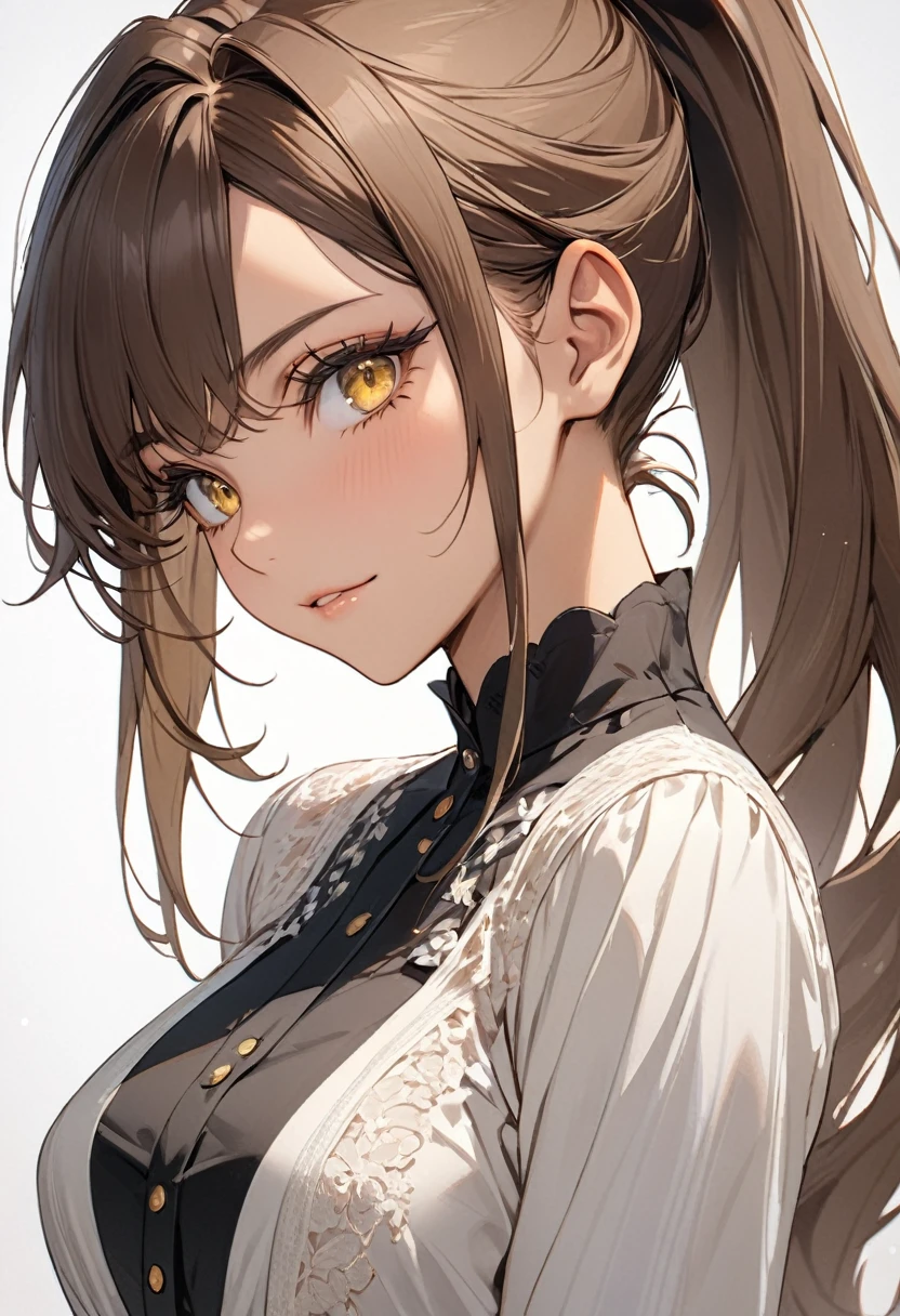 ((best quality)), ((Masterpiece)), (details), Young woman, Medium bust, brown hair, yellow eyes, ((long hair, ponytail)), handsome face, (Tanned skin:1.3), Long eyelashes, Thick eyelashes, blouse