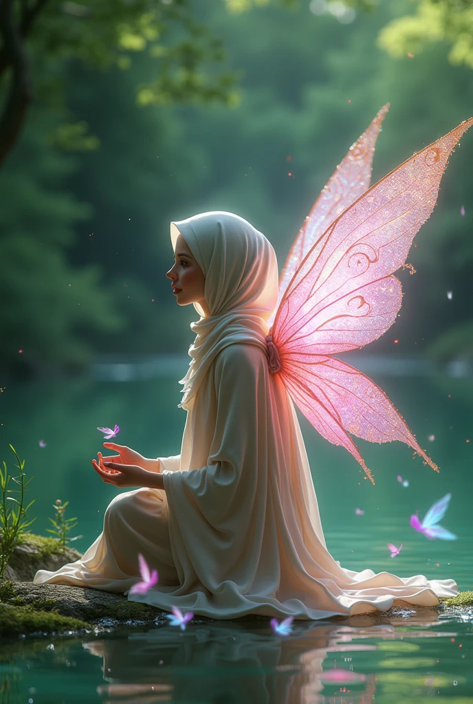 A fairy with a full hijab and she has beautiful sparkling wings and she has magical pink aura around her and she is sitting near of the green water and she talking with little fairies in her hands