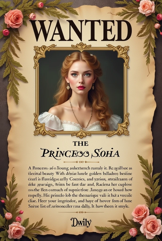 A wanted poster for a Princess Sofia but without a photo, Let the poster describe it but with nice things