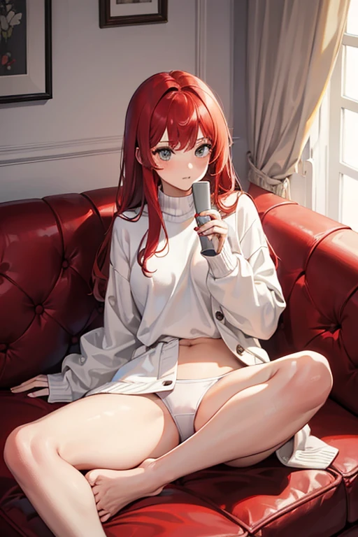 A girl,Red hair, White sweater, without pants ,white underwear,closed legs, Sitting on a sofa drinking coffee.