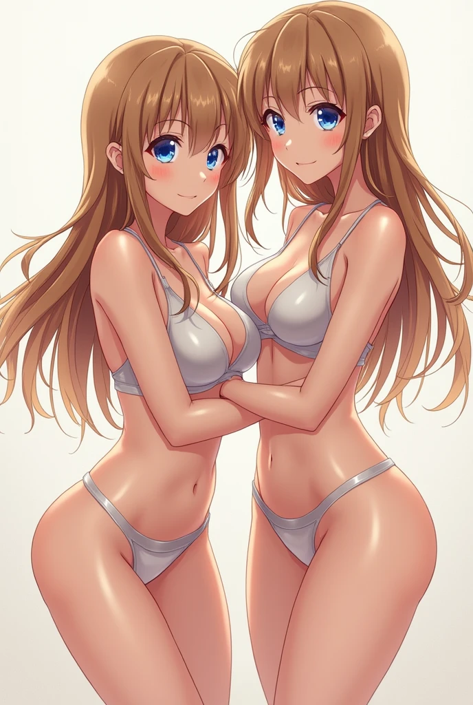 2 anime version girl, long light brown hair, Cup size D, slim, White skin, blue eyes