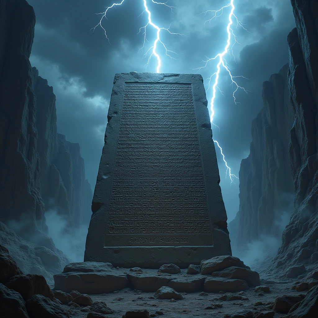 a stone tablet with commandments carved in Aramaic written with lightning bolts coming from the sky