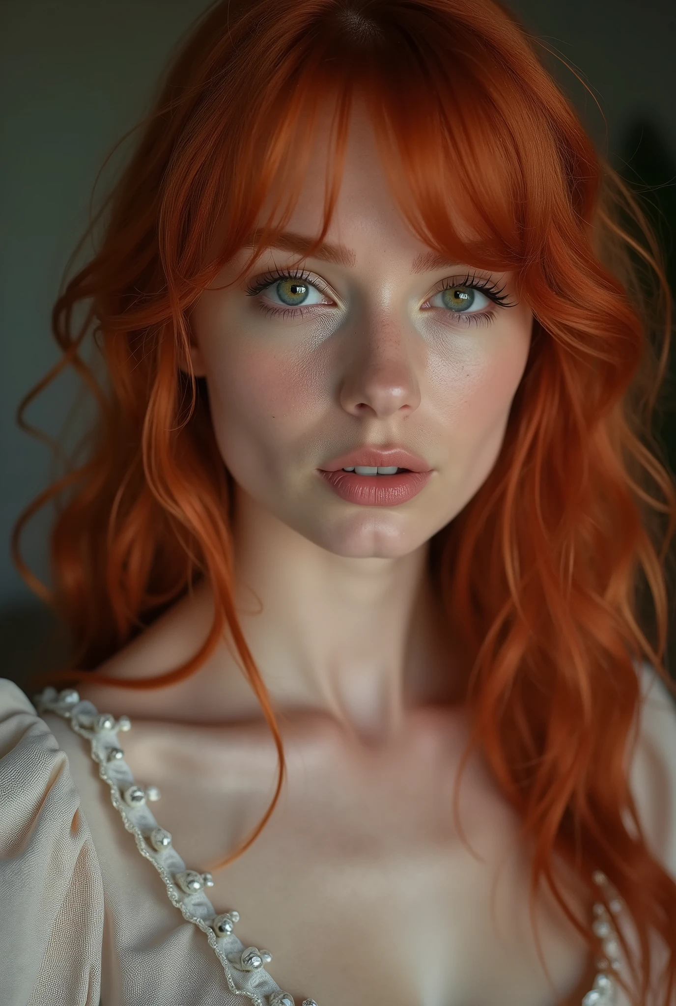 instagram picture, Close-up headshot of the most beautiful redheaded woman you know, nya, Fission, pale skin, (sorrido:0.4), hard shadows, best qualityer, work-πrhyme, ultra high resolution, (photorealestic:1.4), Foto RAW, 1girls, ((nya)), ((large breasted)), cool light, big booty, NSFW, posing on bed, girl, Showing legs, Temari,