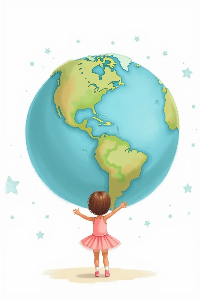 a ballerina pointing to Europe on planet Earth bigger than her big and beautiful and she stands below with her back turned, the most beautiful and biggest planet than her, on the other side the planet is on a white background, the ballerina has short brown hair that tends towards blonde and has slightly darker skin, I want it to look like a drawing, a cute and cute child's drawing, more drawn, pink clothes and she a little lighter