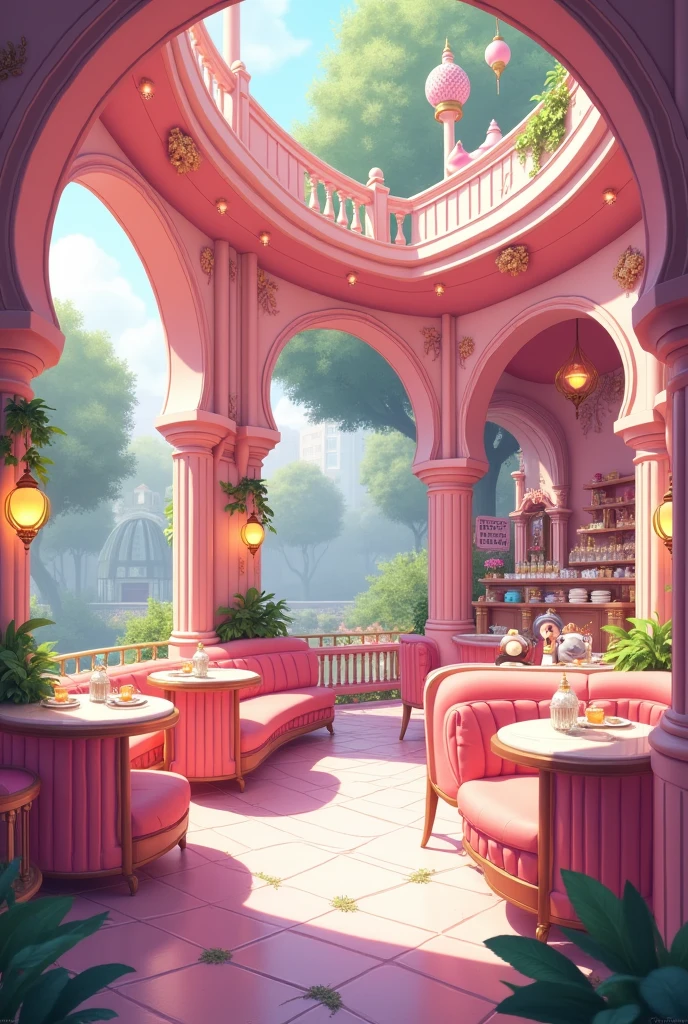 Pink palace themed cafe indoor and outdoor