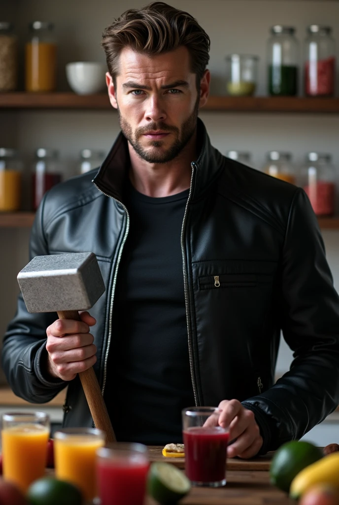 Chris Hemsworth stealing juices from Thor in a Black jacket with mjolnir ( Chris Hemsworth), realistic, 4K hdr