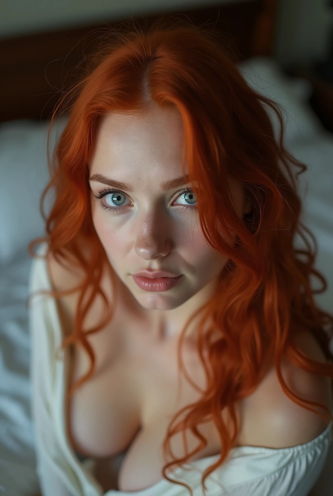 instagram picture, Close-up headshot of the most beautiful redheaded woman you know, nya, Fission, pale skin, (sorrido:0.4), hard shadows, best qualityer, work-πrhyme, ultra high resolution, (photorealestic:1.4), Foto RAW, 1girls, ((nya)), ((large breasted)), cool light, big booty, NSFW, posing on bed, girl, Showing legs, Temari,