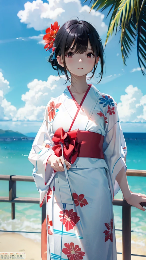 Short black hair、refreshing、Gravure-like background、clear、Cute summer yukata、A pale white and red yukata、Summer blue sky、Summer Clouds、whole body、Ocean、Vision、