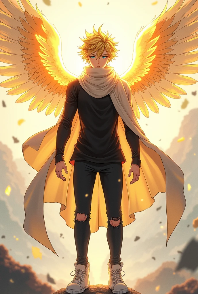 oc anime, male angel race, has fair skin and a pumped physique, has white and light colored wings that emanate a golden energy, golden hair and eyelashes of the same color, having a hairstyle like Meliodas from the anime Nanatsu no Taizai but more spaced out, light blue eyes, wearing a black long-sleeved shirt, black ripped pants and white sneakers, a cloak/scarf around his neck that could be used to cover his face.