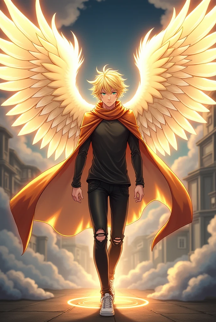 oc anime, male angel race, has fair skin and a pumped physique, has white and light colored wings that emanate a golden energy, golden hair and eyelashes of the same color, having a hairstyle like Meliodas from the anime Nanatsu no Taizai but more spaced out, light blue eyes, wearing a black long-sleeved shirt, black ripped pants and white sneakers, a cloak/scarf around his neck that could be used to cover his face.